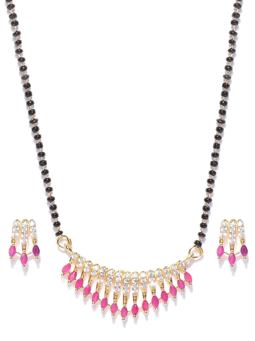 Gold-Plated American Diamond & Ruby Studded Mangalsutra Set with Earrings